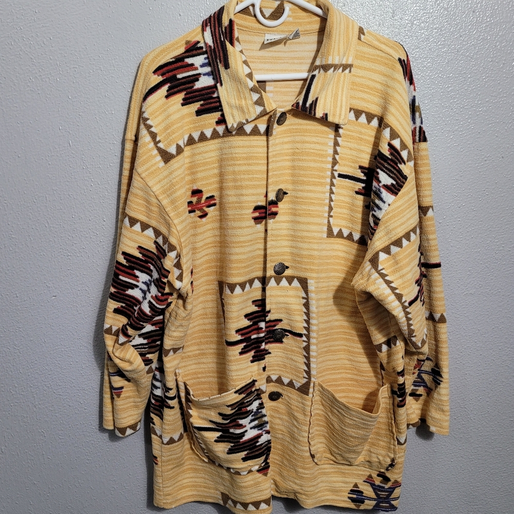 Chicos Yellow and Brown Native Design Textured Shacket